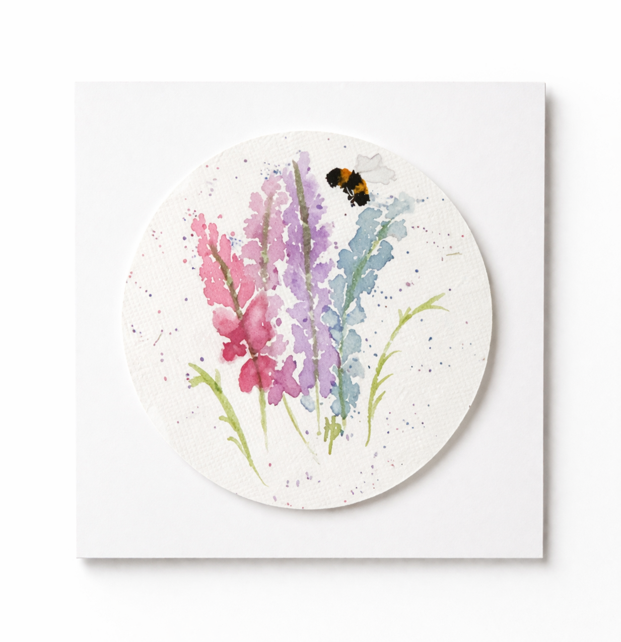 Hand-painted floral greetings card with bee - blank inside